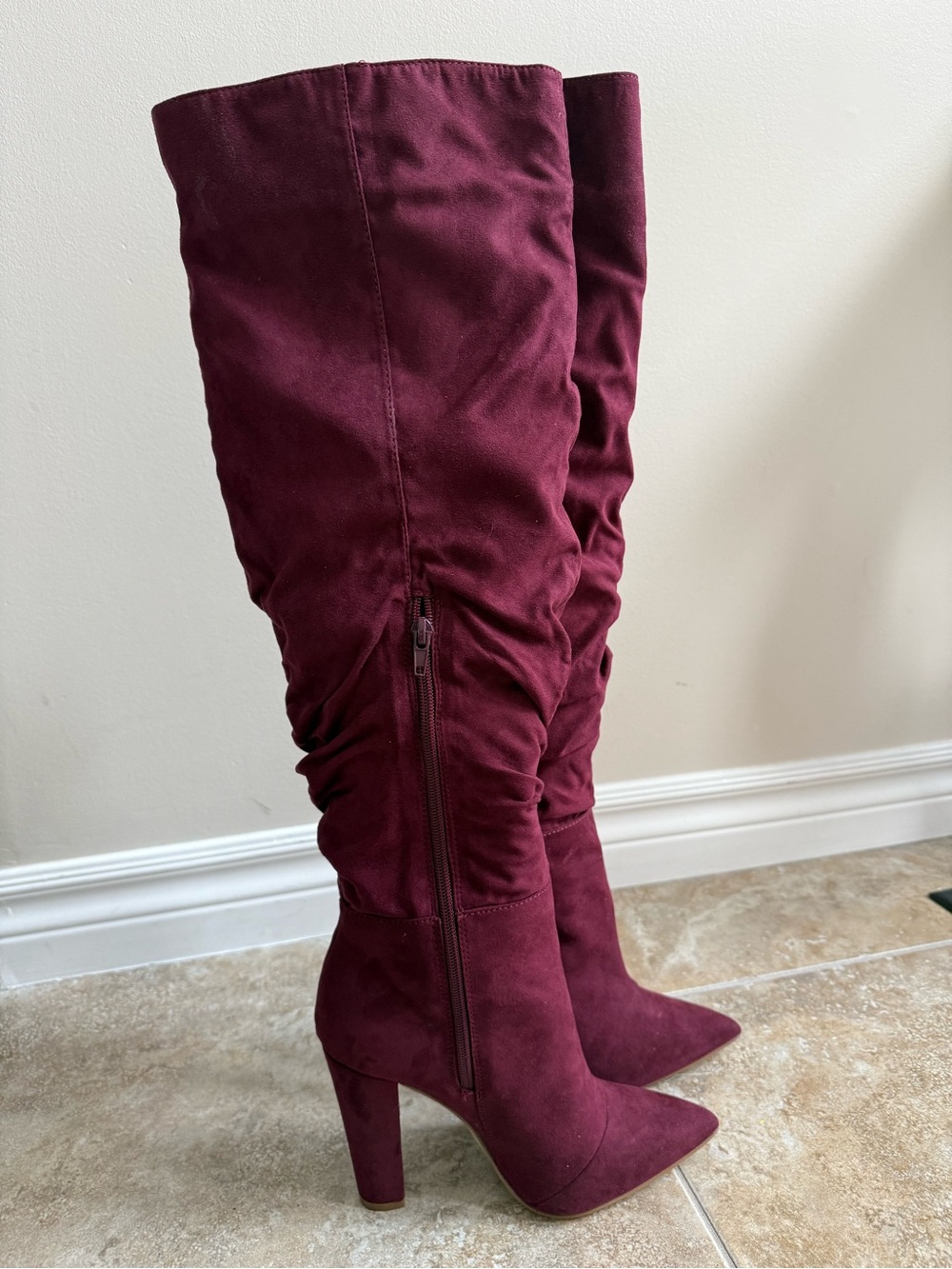 JustFab Over-the-Knee Pointed Toe Block Heel Boots - Burgundy